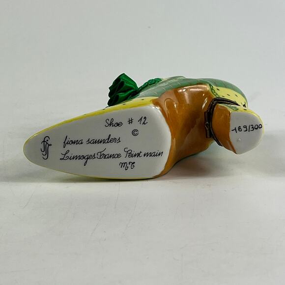 Fiona Saunders Limoges France Porcelain Shoe Figurine Hand Painted Green Yellow - Picture 7 of 13